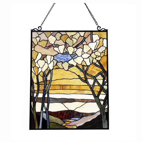Hand-cut AUTUMN VALLEY Tiffany-Style Floral Stained Glass Window Panel 25" Height