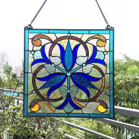 Handcrafted Lighting BELL-FLOWER Victorian-Style Black Finish Stained Glass Window Panel 16" Tall