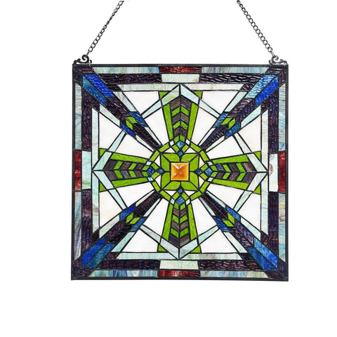 Hand Crafted Lighting AYLMER Mission-Style Black Finish Stained Glass Window Panel 18" Tall
