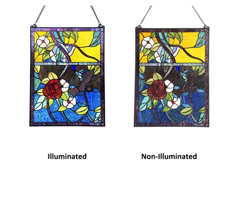 Lighting ROSE Floral-Style Black Finish Stained Glass Window Panel 24" Tall