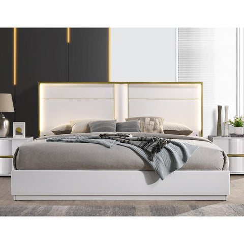 Luxury Living: White Havana Poplar Wood Queen Platform Bed with Gold Trim for an Upscale Bedroom Retreat