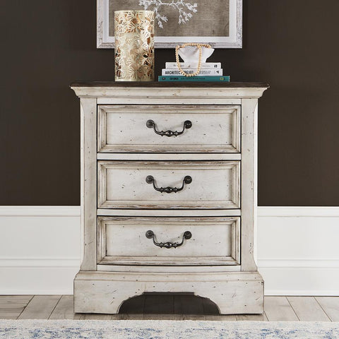 3 Drawer Night Stand, Porcelain White Finish w/ Churchill Brown Tops