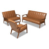 Nikko Mid-century Modern Tan Faux Leather Upholstered and Walnut Brown finished Wood 3-Piece Living Room Set