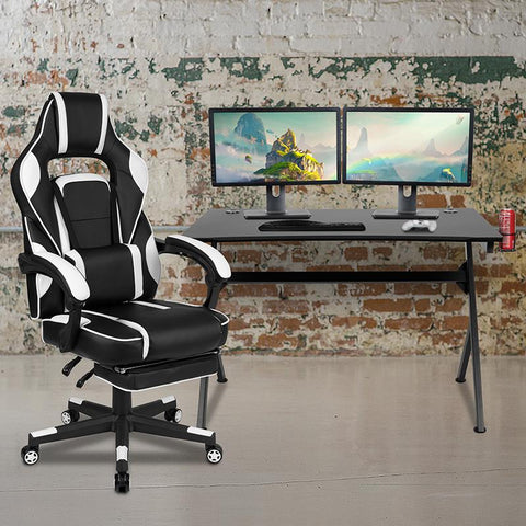 Gaming Desk with Cup Holder/Headphone Hook/2 Wire Management Holes & White Reclining Back/Arms Gaming Chair with Footrest - Fort Decor
