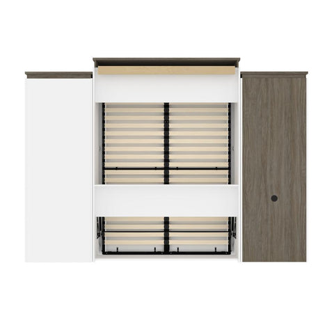 Bestar Orion 124W Queen Murphy Bed with Shelving and Fold-Out Desk (125W) in white & walnut grey - Fort Decor