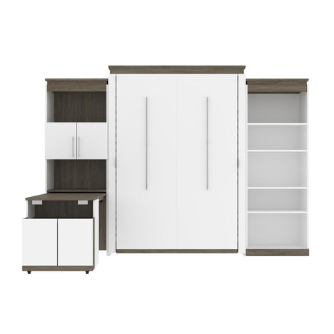 Bestar Orion 124W Queen Murphy Bed with Shelving and Fold-Out Desk (125W) in white & walnut grey - Fort Decor