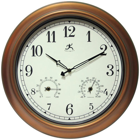 18″ Round Wall Clock, Copper Finish Case, Glass Lens, Built-in Hygrometer & Thermometer, Water Resistant