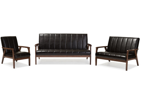 Nikko Mid-century Modern Scandinavian Style Black Faux Leather 3 Pieces Living Room Sets