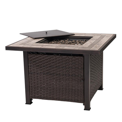 Sunjoy Square Ceramic Tile Top with All-Weather Wicker Propane Powered Firepit - Fort Decor