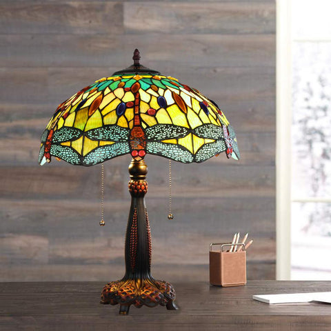 CHLOE Lighting EMPRESS Dragonfly Tiffany-style Dark Bronze 2 Light Table Lamp 16" Wide
