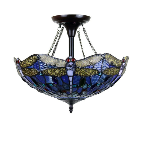 CHLOE Lighting SUNNIVA Dragonfly Tiffany-Style Dark Bronze 2 Light Semi-Flush Ceiling Fixture 16" Wide
