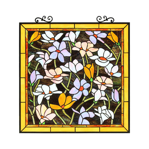 CHLOE Lighting PLUMERIA Floral Tiffany-Style Stained Glass Vertical Hanging Window Panel 25" Tall - Fort Decor