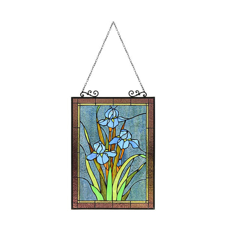 CHLOE Lighting BLUE IRIS Floral Tiffany-Style Stained Glass Vertical Hanging Window Panel 25" Tall - Fort Decor