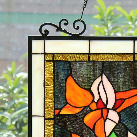 ORANGE LILY Floral Tiffany-Style Stained Glass Vertical Hanging Window Panel 24" Tall - Fort Decor