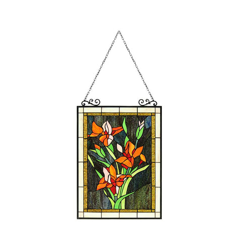 ORANGE LILY Floral Tiffany-Style Stained Glass Vertical Hanging Window Panel 24" Tall - Fort Decor