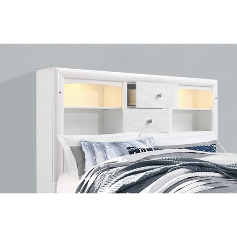 White Rubber Wood Queen Bed With Bookshelves Headboard LED Lightning 6 Drawers - Fort Decor