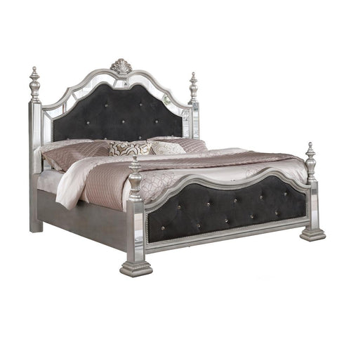 Black Velvet 6pc Panel Bed Set w/4 Mirrored Posts - Queen