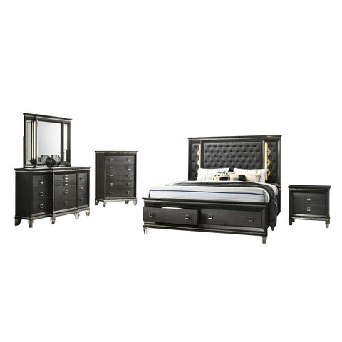 5PC Eastern King Bedroom Set: 1 Panel Bed, 1 Night Stand, 1 Chest with 5 Drawers, 1 Dresser with 8 Drawers and Two Jewelry Drawers, and 1 Mirror