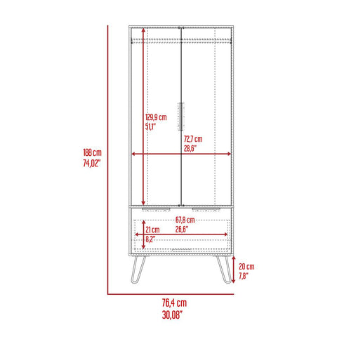 Jane Closet-One Drawer, Two Door Cabinet, Four Steel Legs-Light Oak, For Bedroom