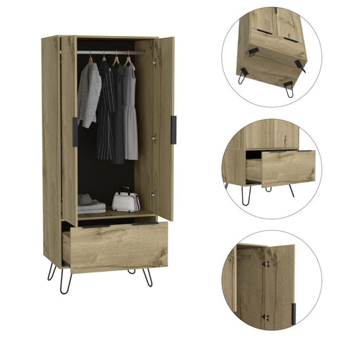 Jane Closet-One Drawer, Two Door Cabinet, Four Steel Legs-Light Oak, For Bedroom