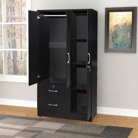 Better Home Products Symphony Wardrobe Armoire Closet with Two Drawers in Black - Fort Decor