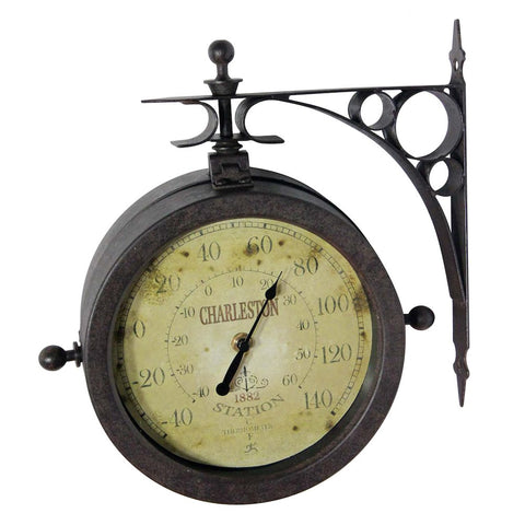 12 in Round Wall Clock, Black Finish Case, Glass Lens, Second Hand, Silent Movement, Built-in Thermometer, Water Resistant - Fort Decor