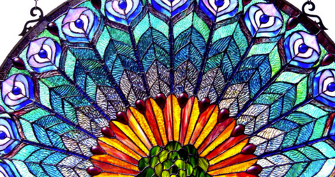 REGAL EUDORA Tiffany-style Peacock Feather Glass Window Panel 35x18 - Fort Decor